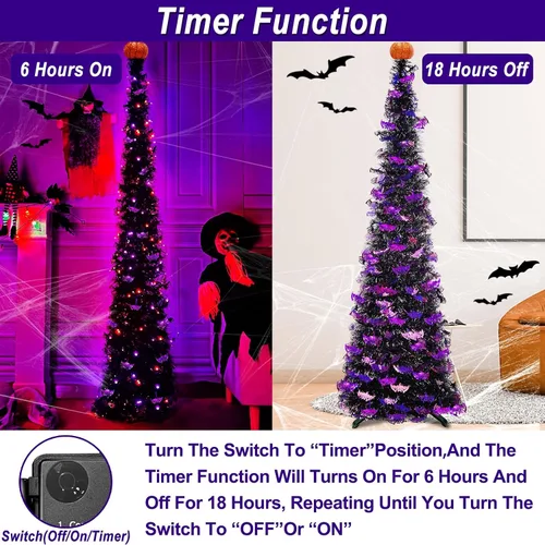 Vista 4 de TURNMEON Árbol de Halloween de oropel negro de 6 pies con luces