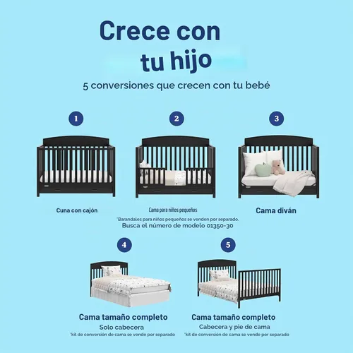 Vista 6 de Graco Benton - Cuna convertible 5 en 1 con cajón, certificado GREENGUARD Gold, se convierte de cuna de bebé a cama infantil, sofá cama y cama