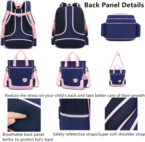 Vista 31 de Juego de 2 mochilas escolares con lazos para niñas y estudiantes, diseño de princesa para escuela primaria, 2pcs Negro-s, 2Pcs BagSet S