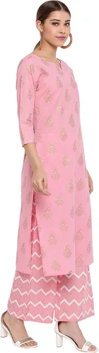 Vista 5 de Janasya Kurta de algodón rosa con palazzo para mujer, Rosado