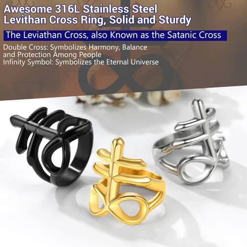 Vista 3 de PROSTEEL Joyería gótica satánica unisex anillo de cruz de Leviatán anillo de Lucifer del diablo acero inoxidable 316L tono platanegrodorado
