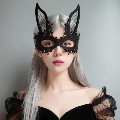 Vista 2 de Máscaras de conejo para mujer, máscaras de conejo, máscaras de media cara para cosplay, Halloween, Navidad, carnaval, accesorios de accesorios