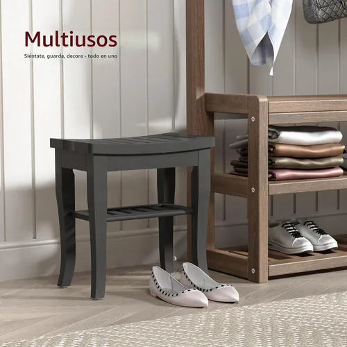 Vista 7 de Banco de ducha de bambú, taburete de ducha pequeño de spa para ducha interior, impermeable, asiento de baño con estante de almacenamiento para Negro