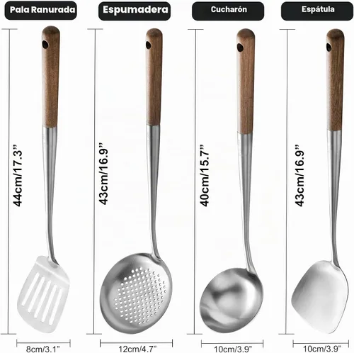 Vista 6 de Wok Utensilios para acero al carbono, espátula de wok de acero inoxidable de 17 pulgadas