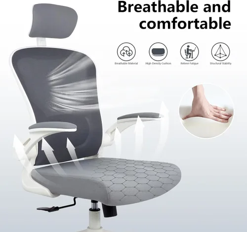 Vista 4 de Silla de escritorio ergonómica, soporte lumbar y reposacabezas 3D, silla de oficina en casa con respaldo de malla (gris)