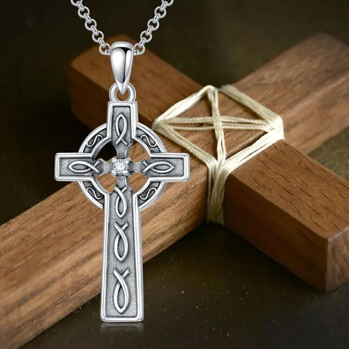 Vista 5 de PELOVNY Collar de cruz de plata esterlina S925 con colgante de pez Jesús, joyería cristiana, regalo para mujeres, amigas, novias, Plata esterlina