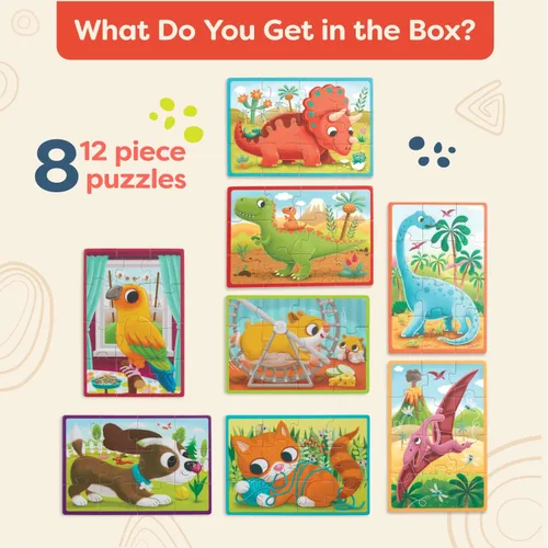 Vista 6 de B. toys Pack o' Puzzles Paquete de 2 - Mascotas y Dinos - Juego de cajas de rompecabezas de madera - 2 cajas, 8 juegos - 12 piezas - 3+ años 8