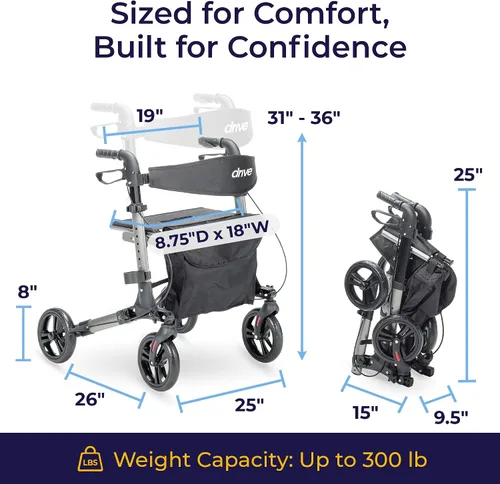 Vista 4 de Drive Medical Andador compacto plegable - Andador plegable liviano para personas mayores, andador de 4 ruedas con asiento y frenos, andador de viaje