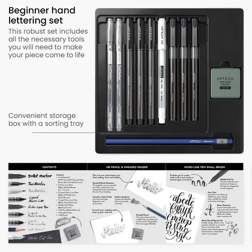 Vista 2 de ARTEZA Juego de 12 bolígrafos de mano para caligrafía y pincel con guía, lápiz, borrador para principiantes que aprenden letras a mano y escritura