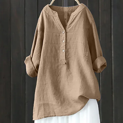 Vista 2 de Camisas casuales de algodón y lino con cuello en V para mujer, camisas lisas bordadas con botones, holgadas de manga larga