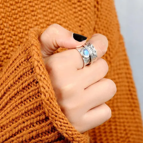 Vista 5 de Boho-Magic Anillo giratorio de plata de ley 925 para mujer con piedra lunar
