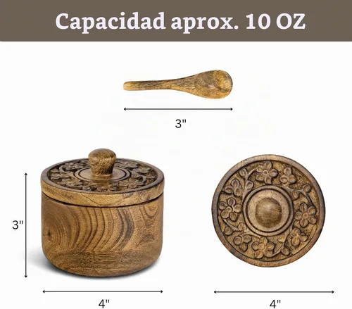 Vista 4 de Mie Creations Salero Rústico con Tapa Tallada a Mano y Cuchara, Cuencos de Madera para Pellizcar Sal Recipiente de Madera para Sal y Pimienta