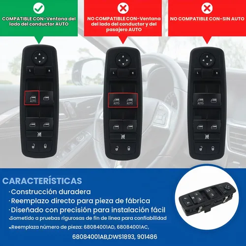 Vista 3 de Interruptor de ventana Master Power compatible con Dodge Journey 2011-2016, controlador lateral del conductor de 8+13 pines, carcasa ABS/PP