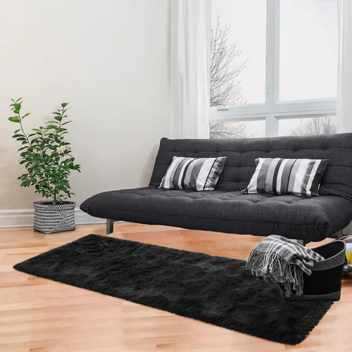 Vista 4 de Terrug Alfombra Corredor Negra Esponjosa para Dormitorio, 2x6 Pies Lindas Alfombras de Área de Pelo Largo para Pasillo, Alfombra de Felpa Suave