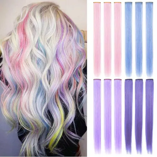 Vista 10 de 12 extensiones de cabello de colores rectas de 20 pulgadas, extensiones de cabello sintético con clip, color arcoíris, con reflejos, para fiesta