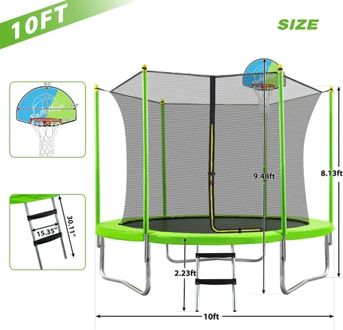 Vista 7 de Merax Trampolín para exteriores de 10 pies con aro de baloncesto, recinto de seguridad y escalera, trampolín recreativo al aire libre para niños