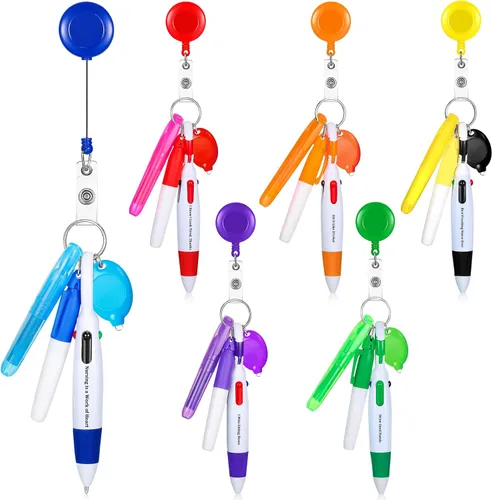 Vista 9 de 30 piezas de clip retráctil para bolígrafo de lanzadera con mini resaltador, bolígrafo de insignia de enfermera, marcador de neón, llavero LED, clip