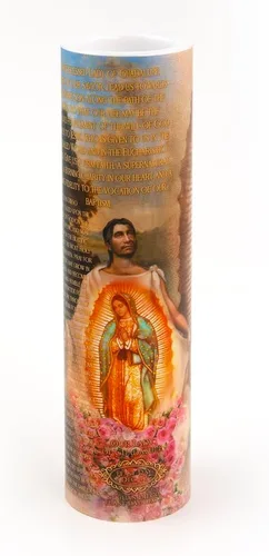 Vista 2 de Nuestra Señora de Guadulpe con Juan Diego, vela de oración devocional sin llama LED