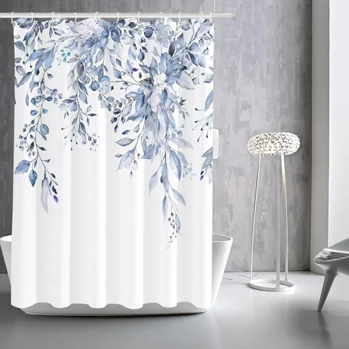Vista 48 de Tititex - Juego de cortinas de ducha de eucalipto negro, hojas de acuarela gris en la parte superior, con decoración floral de baño, 60 x 72