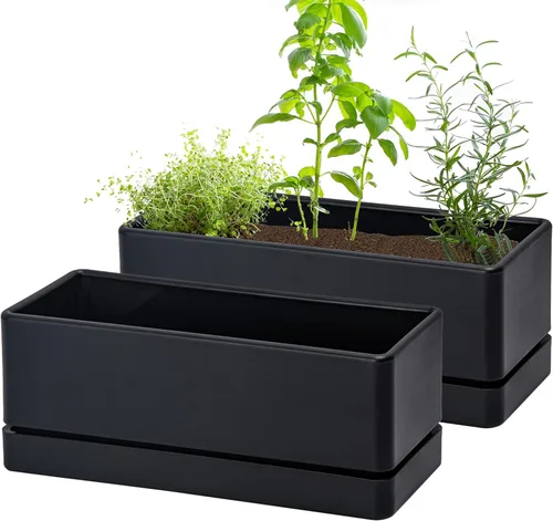 Vista 14 de D'vine Dev - Maceta para ventana de 12 pulgadas, maceta rectangular de plástico para hierbas con agujeros de drenaje y plato, maceta de suculentas