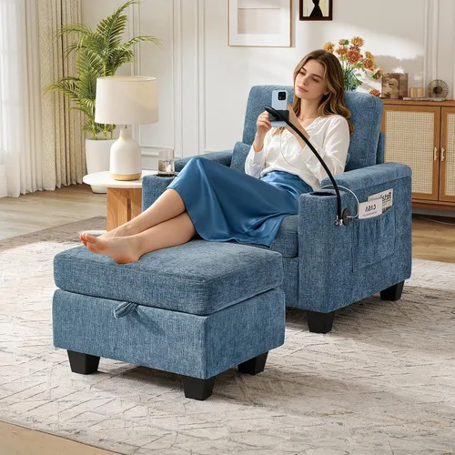 Vista 26 de Chaise Lounge Chair para interiores con puerto USB y soporte para teléfono, sillón reclinable pequeño de felpilla con otomana de almacenamiento