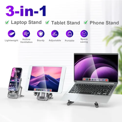 Vista 2 de Soporte ergonómico para laptop para escritorio, elevador de aluminio aeroespacial ajustable 3 en 1, soporte plegable de 3 modos, resistente