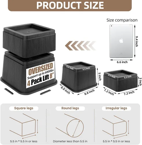 Vista 3 de Elevadores de cama ajustables de 8 pulgadas, soportes de elevación antideslizantes resistentes para camas, sofás, diseño cuadrado duradero