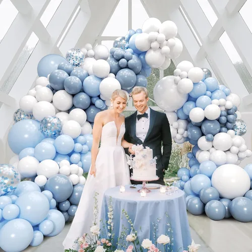 Vista 5 de Kit de arco de globos azules y blancos de 134 piezas, globos azules y blancos con confeti azul polvoriento para aniversario, revelación de género