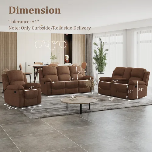 Vista 2 de Sofá reclinable manual, sofá reclinable con portavasos de 3 asientos, sofá de 3 asientos con mesa auxiliar desplegable para sala de estar, oficina