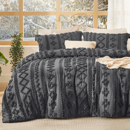 Vista 8 de Bedsure Juego de edredón bohemio copetudo, tamaño individual, juego de cama bohemio azul pizarra, GentleSoft™ 2 piezas de ropa de cama bordada