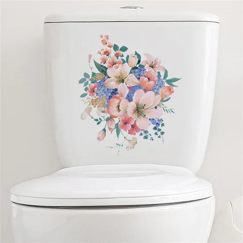 Vista 2 de Calcomanías de flores para tapa de asiento de inodoro, autoadhesivas, removibles, para la pared del baño, calcomanías para cubierta de tapa