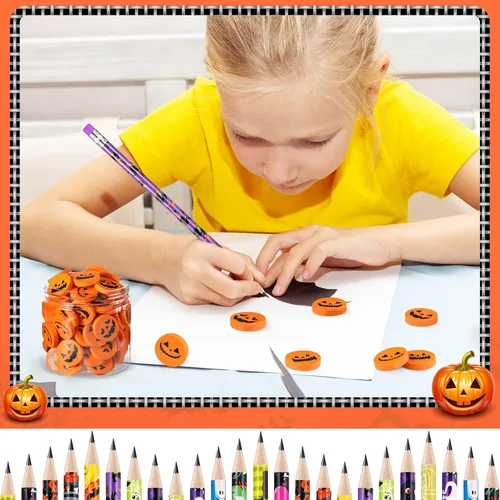 Vista 3 de Yexiya Juego de 48 lápices y borradores de Halloween, lindo lápiz de Halloween, mini borrador de calabaza de Halloween para niños, regalos