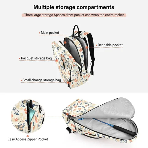 Vista 5 de Tennis Racquet Ball Bag Cute Sturdy Cartoon Butterflies Flower Light Color Tennis Bag Holds 2 Rackets for Women Men raquetas de tenis