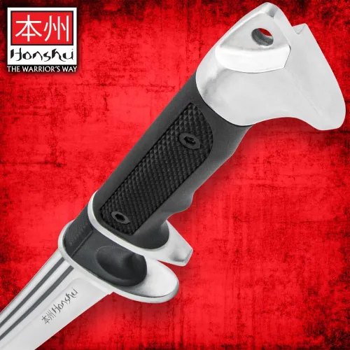 Vista 4 de HONSHU Sub-Hilt Wakizashi - Espada y funda Hoja de acero de alto carbono 1060 Mango TPR y protector de acero al carbono Funda de madera