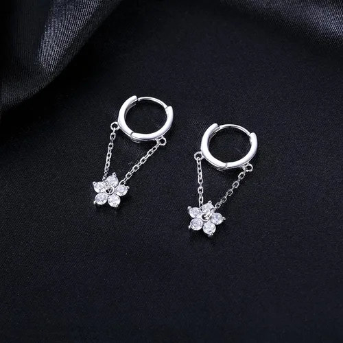 Vista 4 de Reffeer 925 Sterling Silver Flower Chain Drop Earrings Hoop for Women Teens Huggie Hoop Dangle Earrings Chain A-Plata