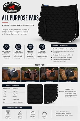 Vista 3 de Horse English Quilted Contoured All-Purpose Trail Saddle Pad 7296