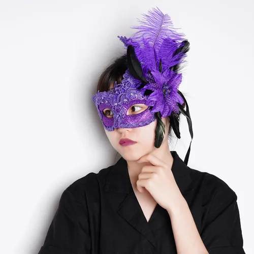 Vista 4 de Máscara de plumas veneciana para mujer, para cosplay, fiesta, Halloween, Mardi Gras, máscara de Navidad