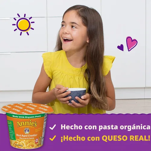 Vista 3 de Tazas de macarrones con queso al microondas de queso cheddar real envejecido de Annie's, con pasta orgánica, hechas con queso real, guarnición