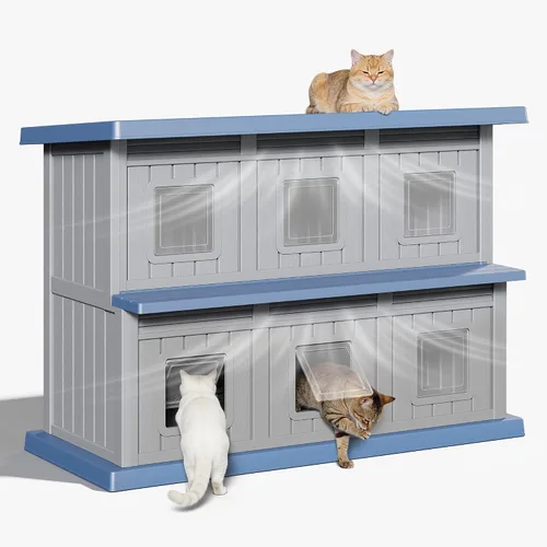 Vista 9 de Casa de gato resistente a la intemperie para exteriores, casa para gatos al aire libre para múltiples gatos, refugio de resina de doble piso