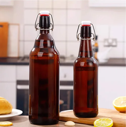 Vista 6 de Botellas de vidrio, botella de almacenamiento de vidrio marrón recargable con tapas abatibles, botellas de cierre de hierro ámbar con calcomanías