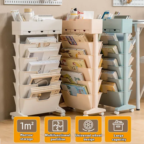 Vista 3 de Estantería de almacenamiento de 6 niveles, estantería movible única con 3 cajones, organizador de utilidad de gran capacidad, estantes blancos