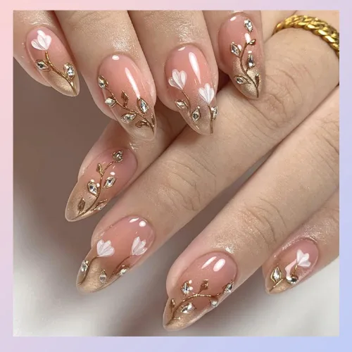 Vista 86 de Uñas postizas a presión medianas con diseño geométrico blanco almendra – 24 uñas postizas reutilizables de ABS brillante, fácil de aplicar, juego