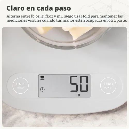 Vista 7 de Greater Goods Báscula de alimentos – Báscula digital de cocina, precisión de 1g (0.035 oz), tara fácil y conversión rápida, diseño compacto delgado