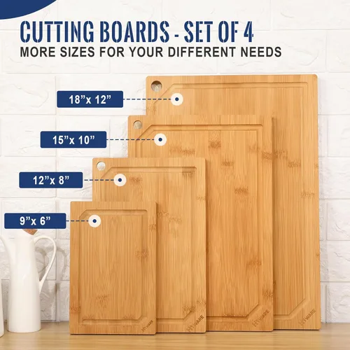 Vista 2 de Hiware Juego de 4 tablas de cortar de bambú extra grandes para cocina, tabla de cortar resistente con ranura para jugos, juego de tablas de cortar