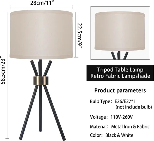 Vista 2 de Lámpara de mesa con trípode, cuerpo de metal con pantalla de tambor de lino, lámpara de mesa alta para dormitorio con enchufe E26, ideal para sala