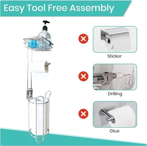 Vista 6 de Estante de baño de metal para papel higiénico, estante movible, estante de pañuelos Freetanding, estante organizador de piso, estante organizador