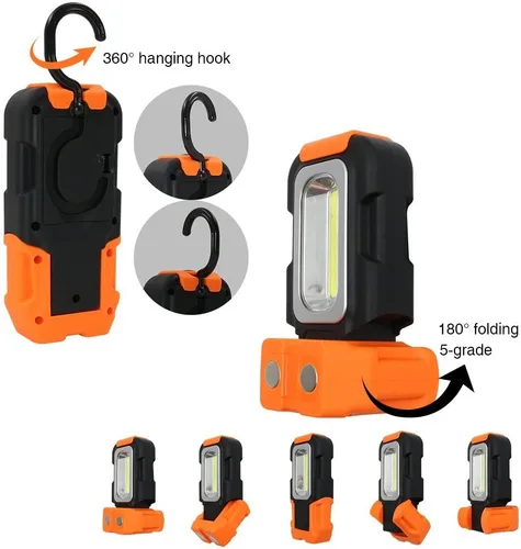 Vista 2 de Luz de trabajo LED transportable, 200 lúmenes, multiuso, linterna, base magnética y gancho para colgar, a batería, 5000 K luz de día, ángulo
