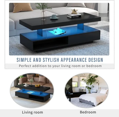Vista 6 de Polibi Mesa de centro LED con almacenamiento, mesa central moderna con 2 cajones y estantes de exhibición, muebles decorativos con luces LED