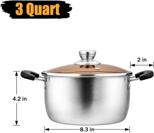 Vista 3 de P&P CHEF Olla de 3 cuartos de galón con tapa, olla de cocina de acero inoxidable para sopa, asas dobles a prueba de calor con tapa visible, apta