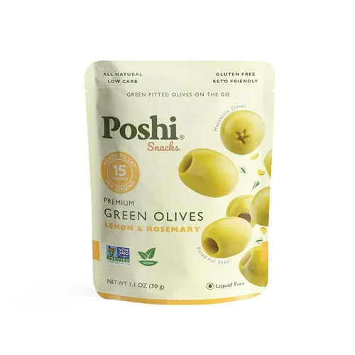 Vista 15 de Poshi Olives + Veggies Variedad de aceitunas enteras sin hueso de 4 sabores Poshi 4 sabores Vegano, Kosher, sin gluten + Snacks saludables